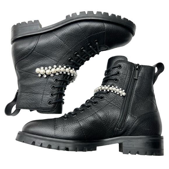 JIMMY CHOO Cruz Quilted Crystal Strap Embellished Black Combat Boots EU 37 US 7 - Picture 6 of 16